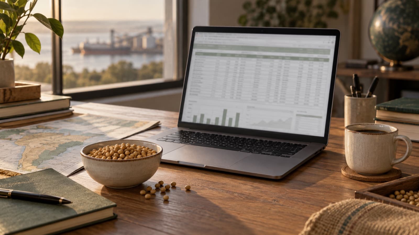 Laptop showing a spreadsheet, a cup of coffee and a bowl with a grain sample on a trader’s desk