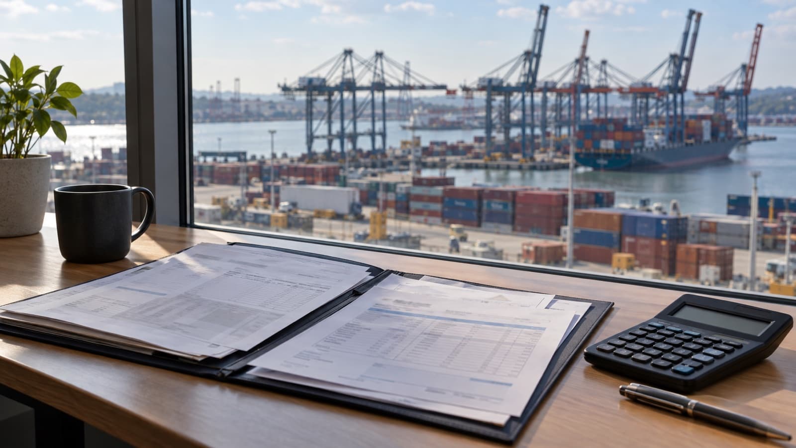 An office desk by a window overlooking a container terminal with cranes and a ship alongside: an open folder of invoices, a calculator, a pen and a mug