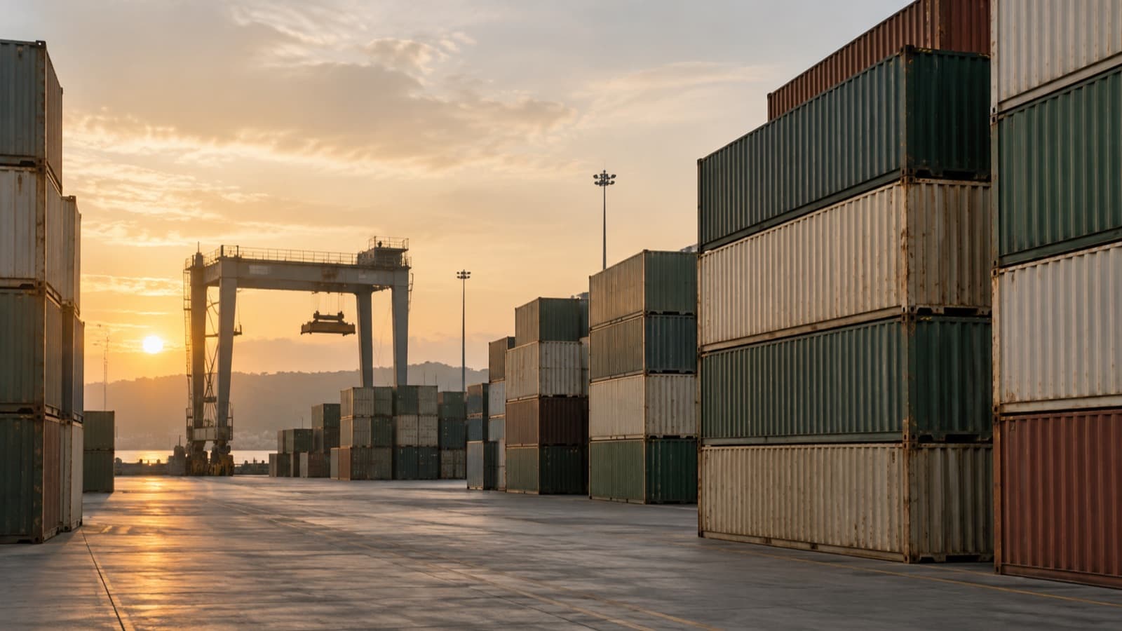 Stacked containers in a port terminal yard at dusk, with a gantry crane in the background