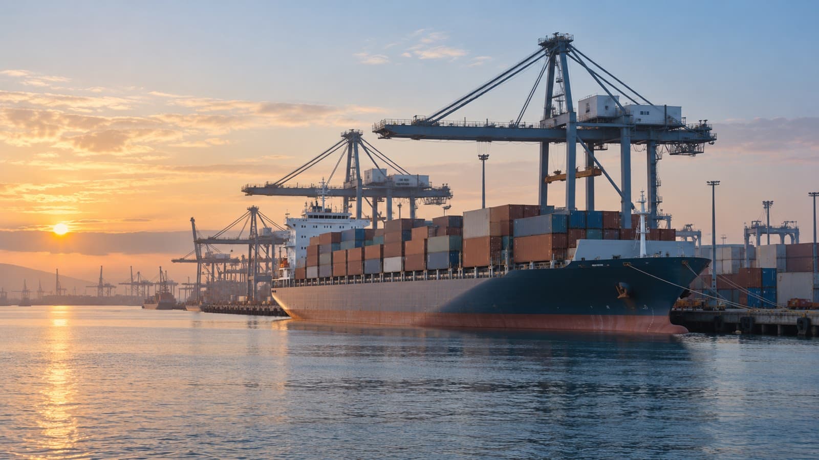 A container ship moored at a port terminal at dawn, with gantry cranes and stacked containers behind it