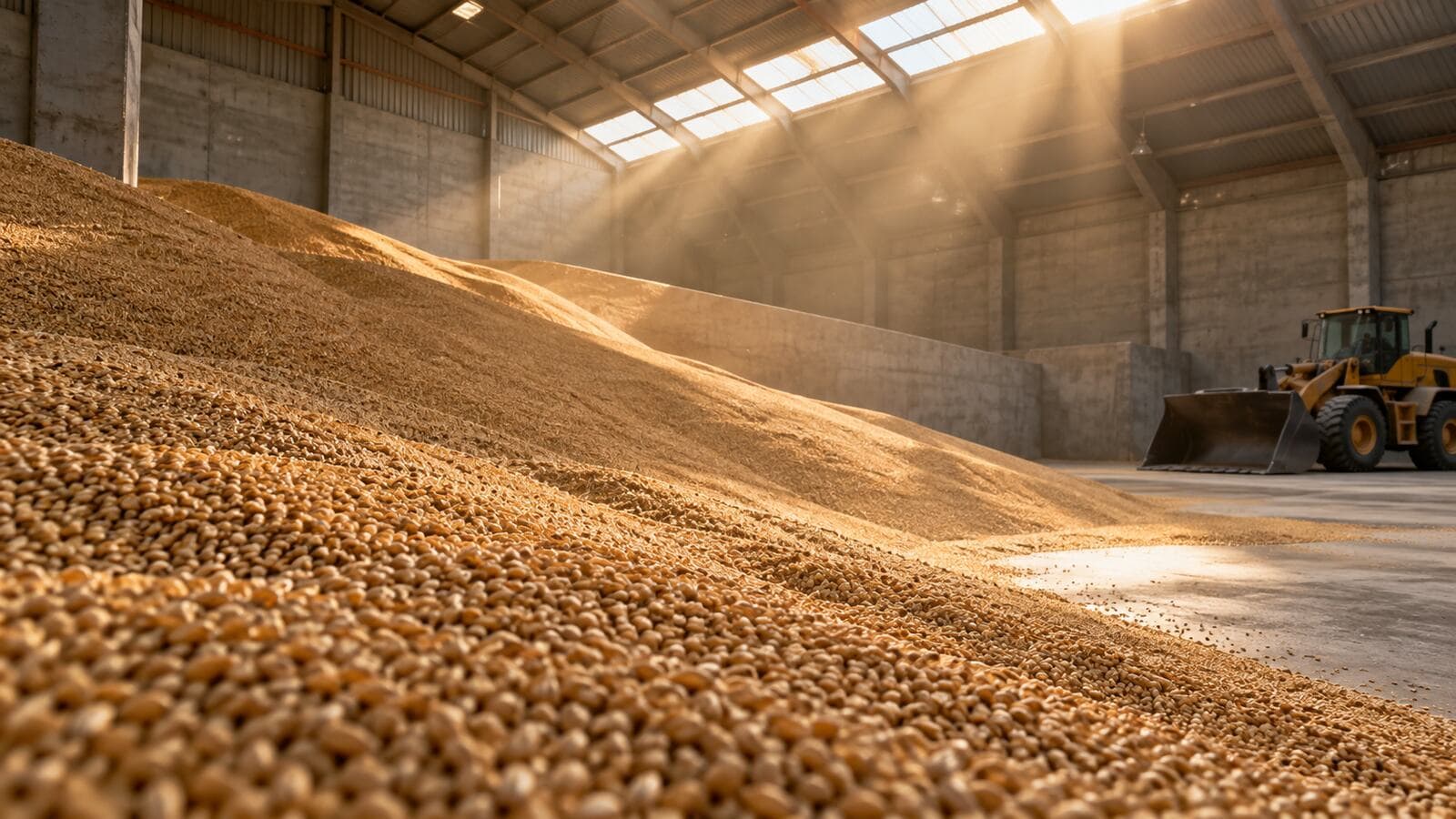 A mound of bulk grain in a storage hall at sunrise, with light coming in through the roof skylights and a wheel loader parked in the background