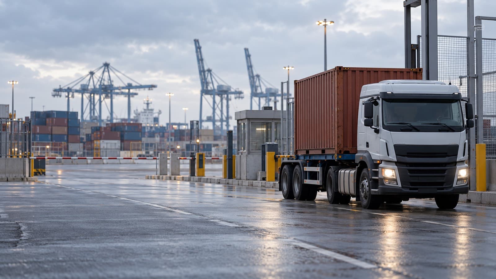 A truck carrying a 20-foot container through the gate of a port terminal on an overcast morning, with wet ground and gantry cranes and container stacks in the background