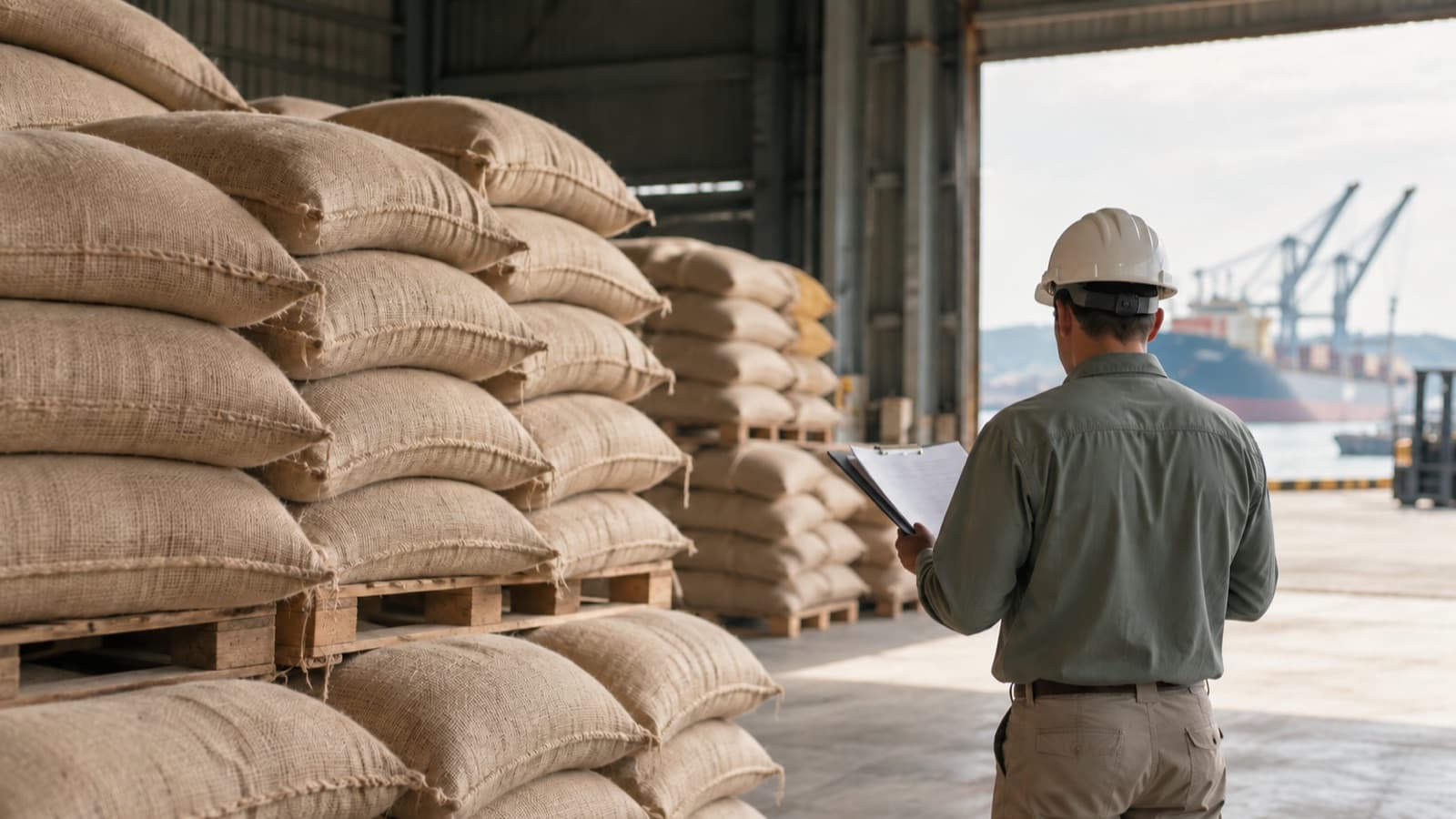 Jute sacks stacked in a port warehouse and a worker, seen from behind, checking papers next to the goods