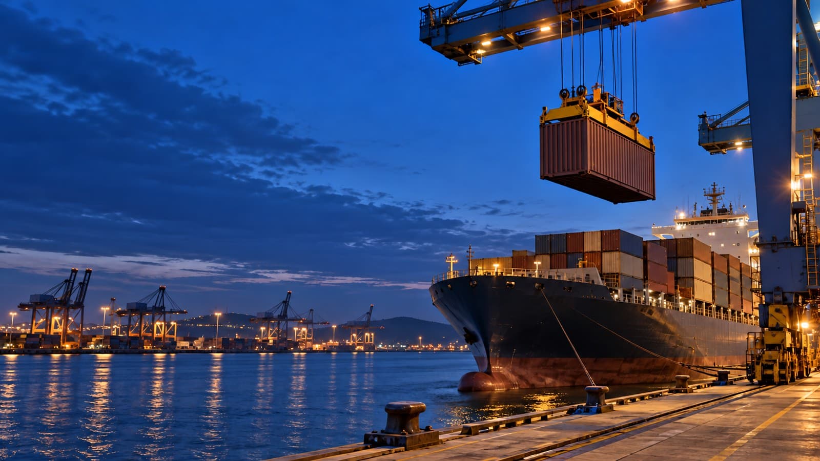 A gantry crane lifting a 20-foot container onto a berthed container ship at dusk, with the terminal lights on and reflections on the water